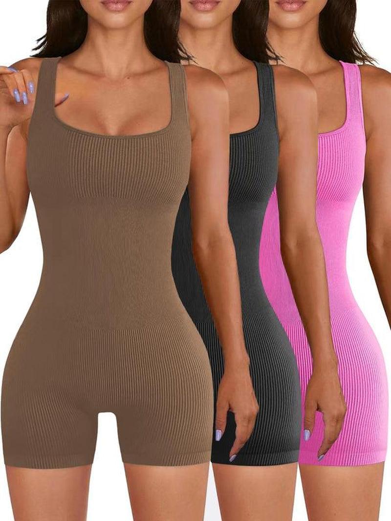 Women'S Scoop Neck Sports Bodysuit, Sports Sleeveless Ribbed Romper, Summer Clothes Women, Ladies Summer Sportswear, Tummy Control - Core Dynamic Fitness