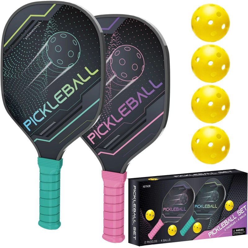 Pickleball Set of 2 Paddles, 4 Indoor Outdoor Pickleball Balls, - Core Dynamic Fitness