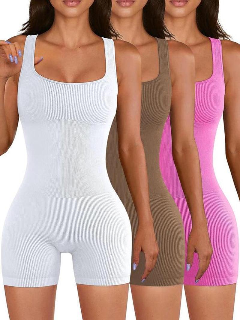 Women'S Scoop Neck Sports Bodysuit, Sports Sleeveless Ribbed Romper, Summer Clothes Women, Ladies Summer Sportswear, Tummy Control - Core Dynamic Fitness