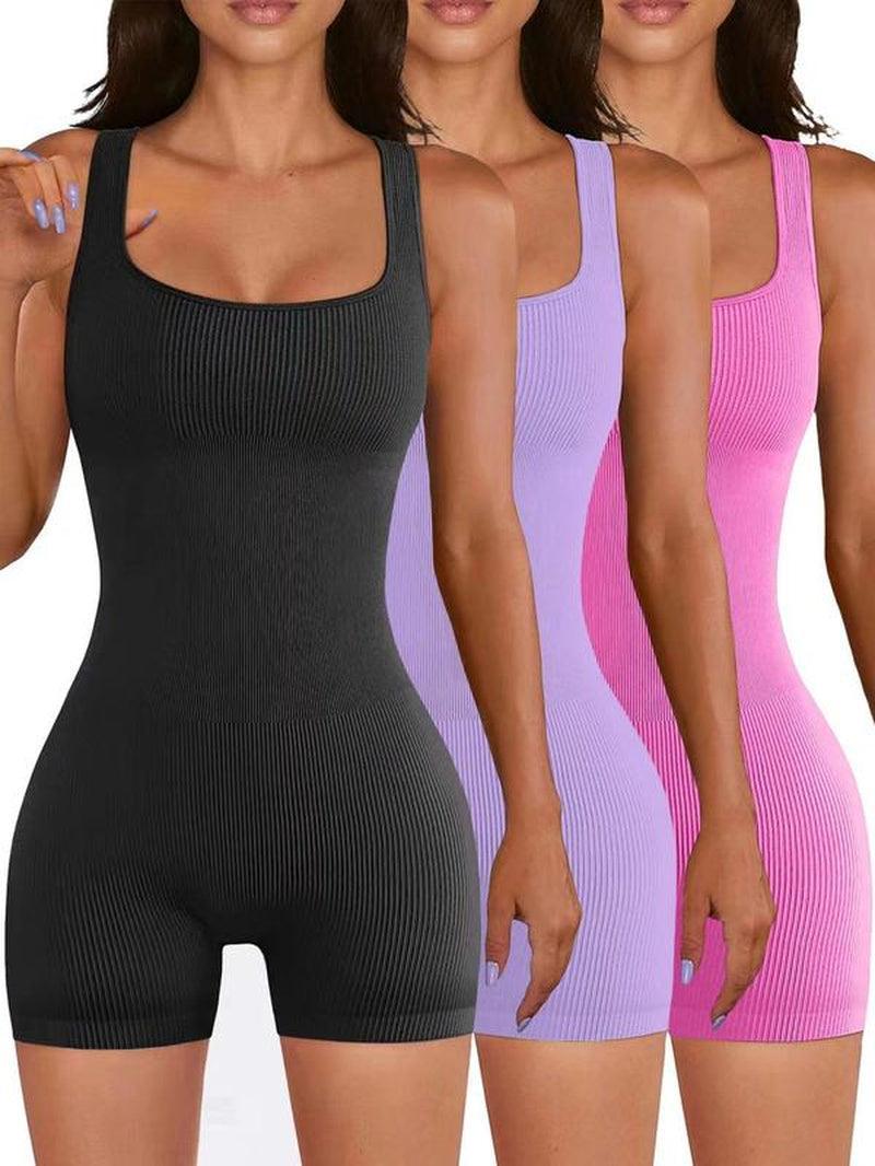 Women'S Scoop Neck Sports Bodysuit, Sports Sleeveless Ribbed Romper, Summer Clothes Women, Ladies Summer Sportswear, Tummy Control - Core Dynamic Fitness