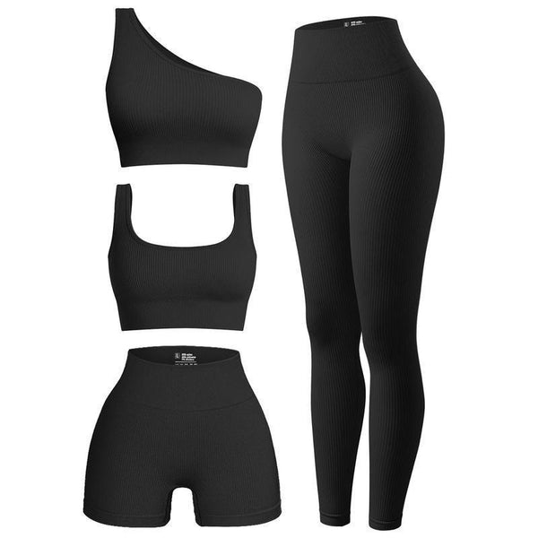 OQQ Women'S 4 Piece Outfits Ribbed Exercise Scoop Neck Sports Bra One Shoulder Tops High Waist Shorts Leggings Active Set - Core Dynamic Fitness