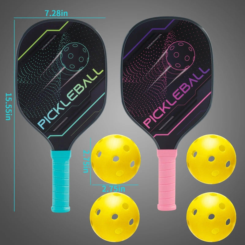 Pickleball Set of 2 Paddles, 4 Indoor Outdoor Pickleball Balls, - Core Dynamic Fitness