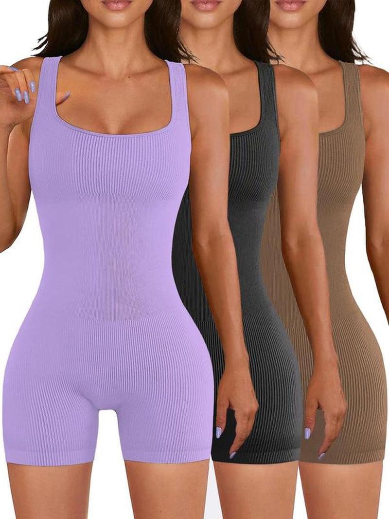 Women'S Scoop Neck Sports Bodysuit, Sports Sleeveless Ribbed Romper, Summer Clothes Women, Ladies Summer Sportswear, Tummy Control - Core Dynamic Fitness