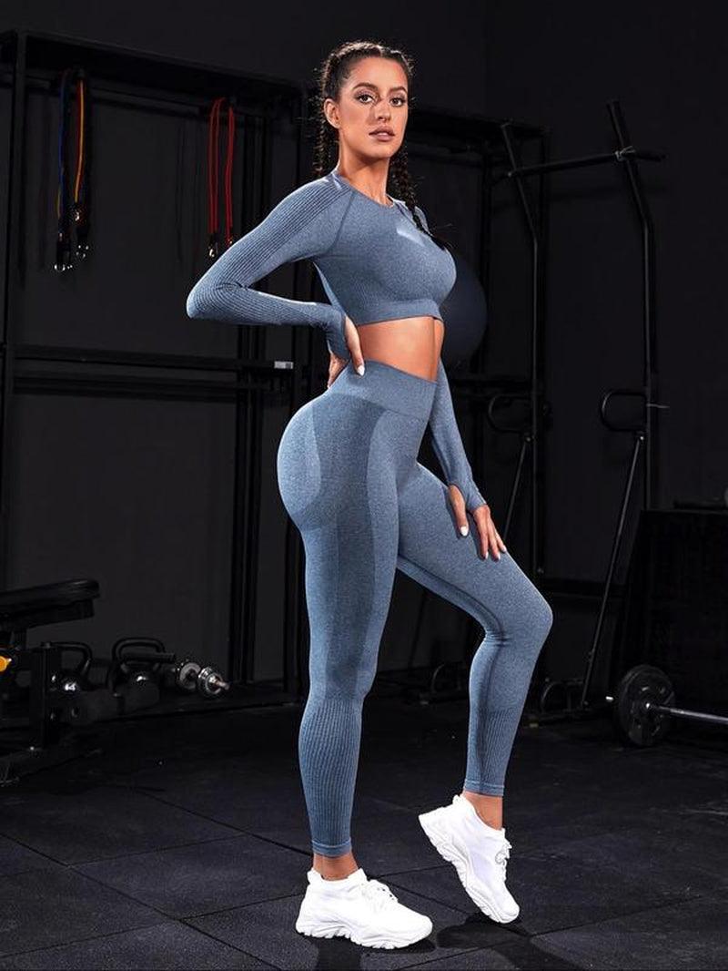 Two-Piece Set Sporty Women'S Plain round Neck Crop Top & Ruched High Waist Leggings Tracksuit Set, Sport Comfy Breathable Two-Piece Outfits for Yoga Gym Workout Running, Ladies Sportswear for All Seasons, Gym Clothes Set, Matching Sets - Core Dynamic Fitness