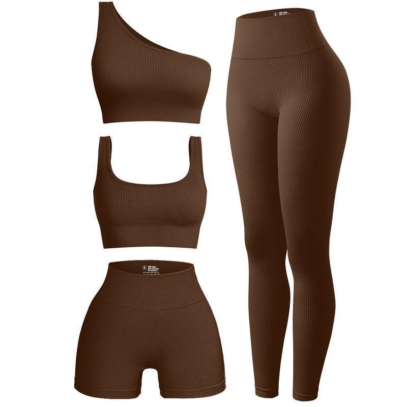 OQQ Women'S 4 Piece Outfits Ribbed Exercise Scoop Neck Sports Bra One Shoulder Tops High Waist Shorts Leggings Active Set - Core Dynamic Fitness