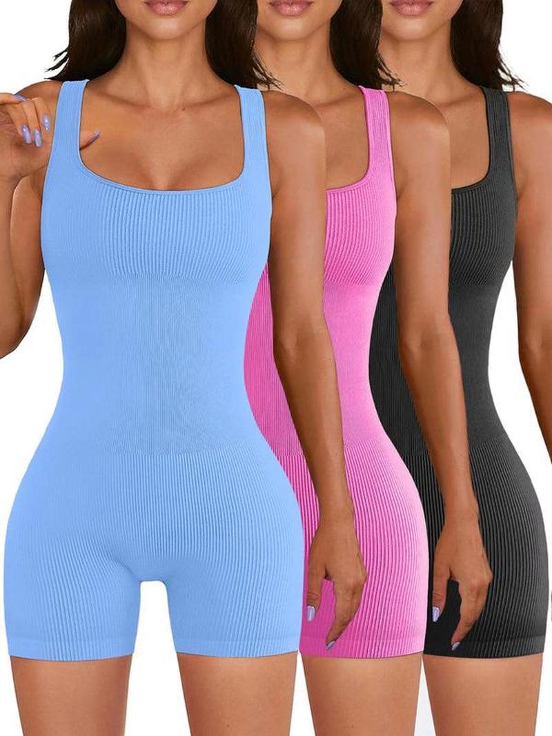 Women'S Scoop Neck Sports Bodysuit, Sports Sleeveless Ribbed Romper, Summer Clothes Women, Ladies Summer Sportswear, Tummy Control - Core Dynamic Fitness