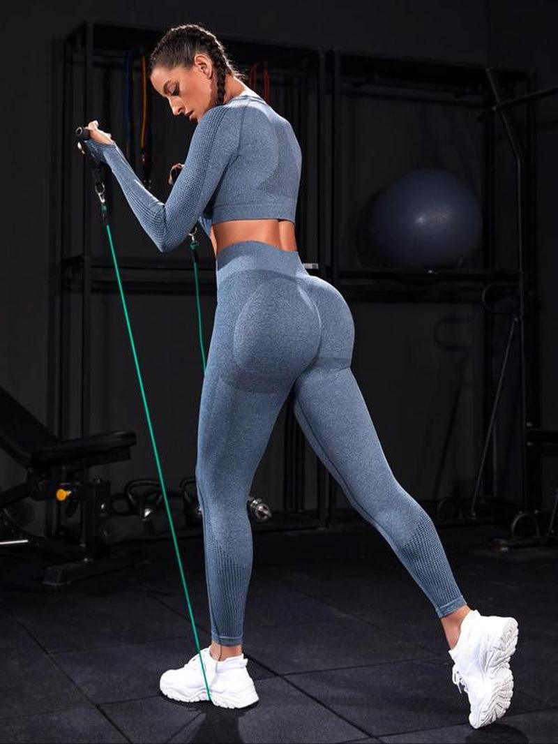 Two-Piece Set Sporty Women'S Plain round Neck Crop Top & Ruched High Waist Leggings Tracksuit Set, Sport Comfy Breathable Two-Piece Outfits for Yoga Gym Workout Running, Ladies Sportswear for All Seasons, Gym Clothes Set, Matching Sets - Core Dynamic Fitness